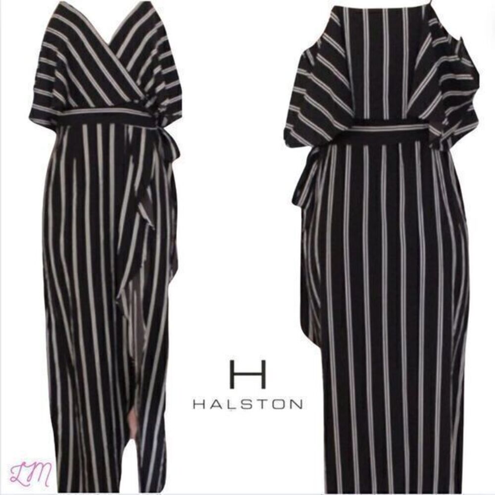 H by Halston Dress Tie‎ Belt Front Slit Black White Pinstripe SIze 8